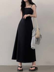 DAZY 女士长款优雅修身腰黑色连衣裙太阳裙，休闲女士连衣裙