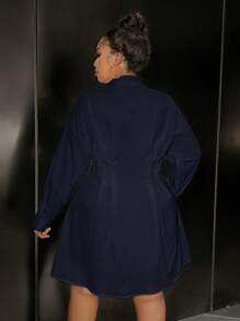 Slaydiva 女式优雅休闲办公室收腰长袖白衬衫连衣裙，秋季 - 藏蓝色 - 查看 2