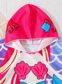 SHEIN Leap Crew Young Girl Knitted Terry Hooded Cute Mermaid Pattern Jumpsuit, Suitable For Vacation Girl Beach Towel ,Spring,Summer. - Multicolor - View 5