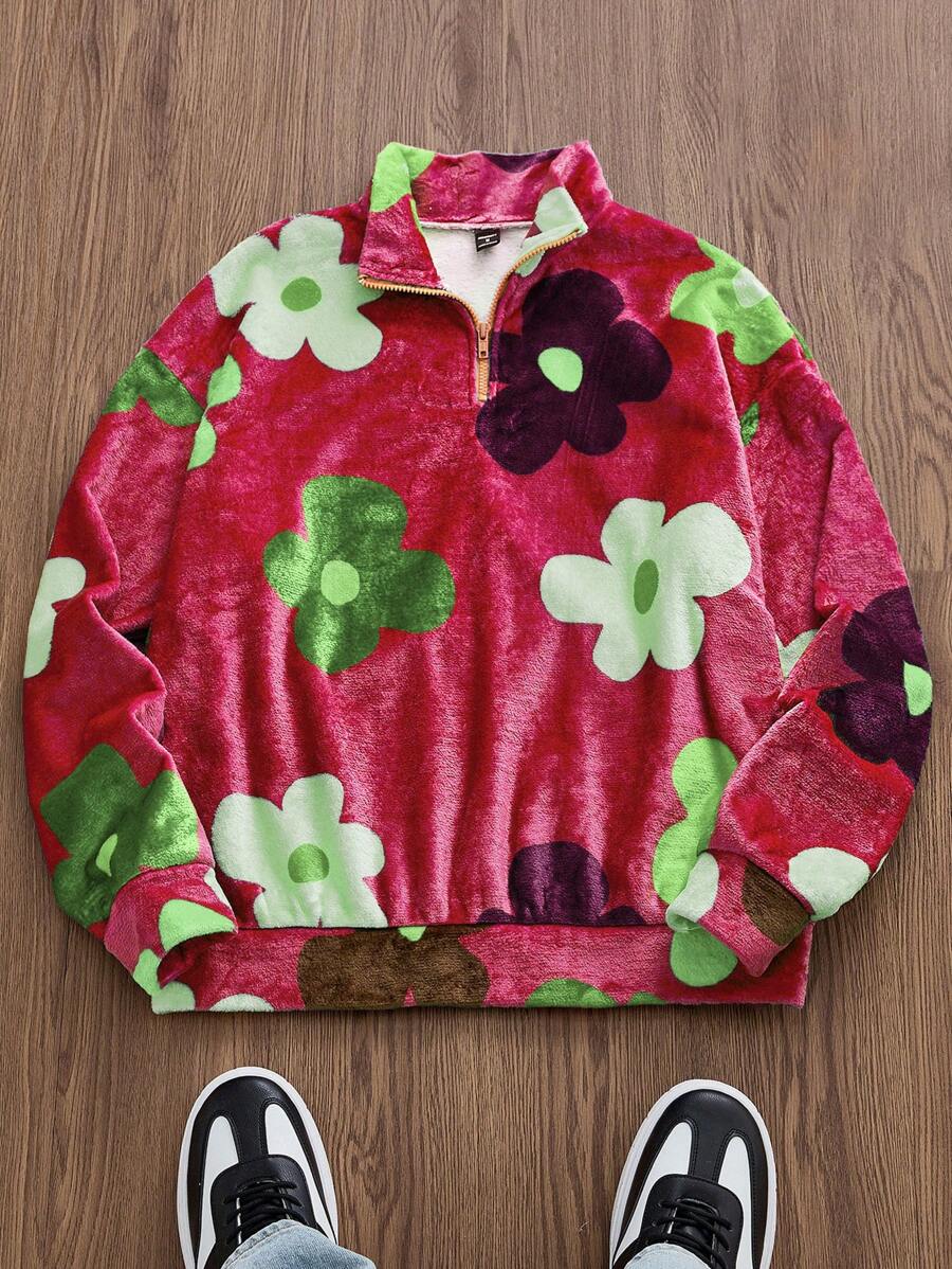 Manfinity VCAY Sudadera informal de manga larga con cremallera media y diseño floral holgado de punto para hombre