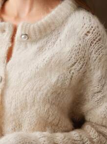 Anewsta Autumn/Winter Soft Knit Sweater Cardigan, Pink Ombre, Round Neck, Pearl Buttons, Loose & Romantic, Christmas - Khaki - View 7