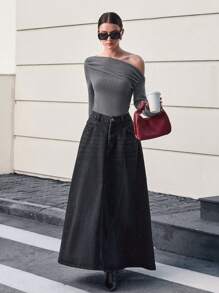 EURMUSE 100% Cotton High Waist Long Denim Skirt - Black - View 3