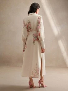 Anewsta 女士灯笼袖花卉印花收腰连衣裙，度假风格春季时尚 - 杏色 - 查看 2