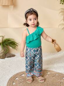 SHEIN 2pcs/Set Baby Girls 0-3 Years Spring/Summer New Casual Elegant Resort Brick Pattern Wide Leg Pants & Ruffle Strap Waist Crop Top, Leisure Suit, Green - Green - View 1