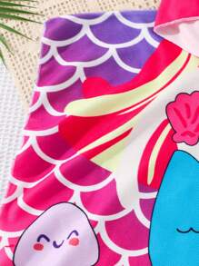 SHEIN Leap Crew Young Girl Knitted Terry Hooded Cute Mermaid Pattern Jumpsuit, Suitable For Vacation Girl Beach Towel ,Spring,Summer. - Multicolor - View 3