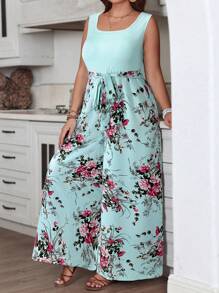 SHEIN VCAY Plus Size Boho Tie Waist Floral Print Wide Leg Sleeveless Jumpsuit, For Summer - Baby Blue - View 1