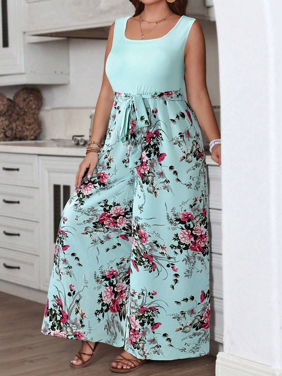 SHEIN VCAY Plus Size Boho Tie Waist Floral Print Wide Leg Sleeveless Jumpsuit, For Summer - Baby Blue - View 1