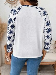 Breezaya Camiseta holgada de manga larga con estampado de palmeras y cuello en V para talla grande, vestido de enfriamiento, conjunto de alivio del estrés, vestido de noche, lencería elegante para mujer