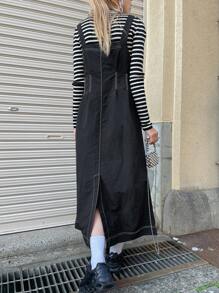 FRIFUL Women's Plain Zip Collar Casual Mid-Length Overall Dress