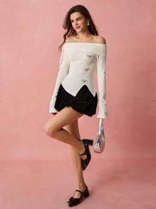 Enchnt Women's Solid Color Off Shoulder Long Sleeve Top, Minimalist Casual Everyday Wear