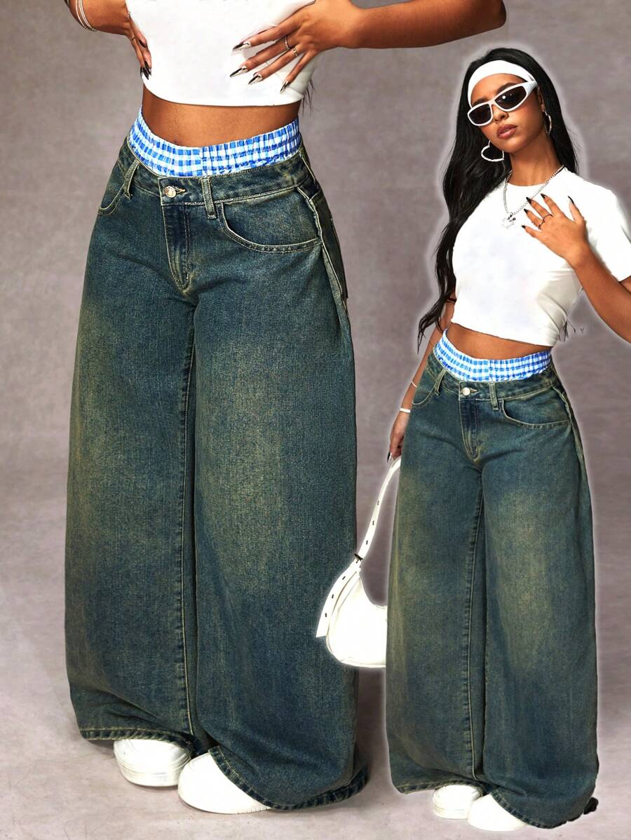 SHEIN Tall 女士复古水洗宽松阔腿牛仔裤 - 藍色 - 查看 1