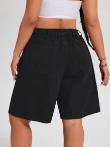 SHEIN ICON Street Fashion Lace-Up Washed Non-Stretch Denim Shorts - Black - View 2