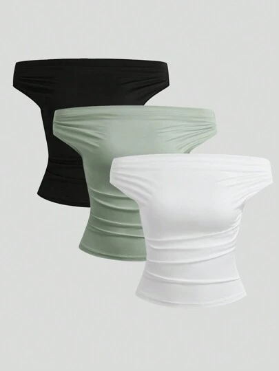 Sweetra Top informal con hombros descubiertos y fruncido en unicolor para mujeres