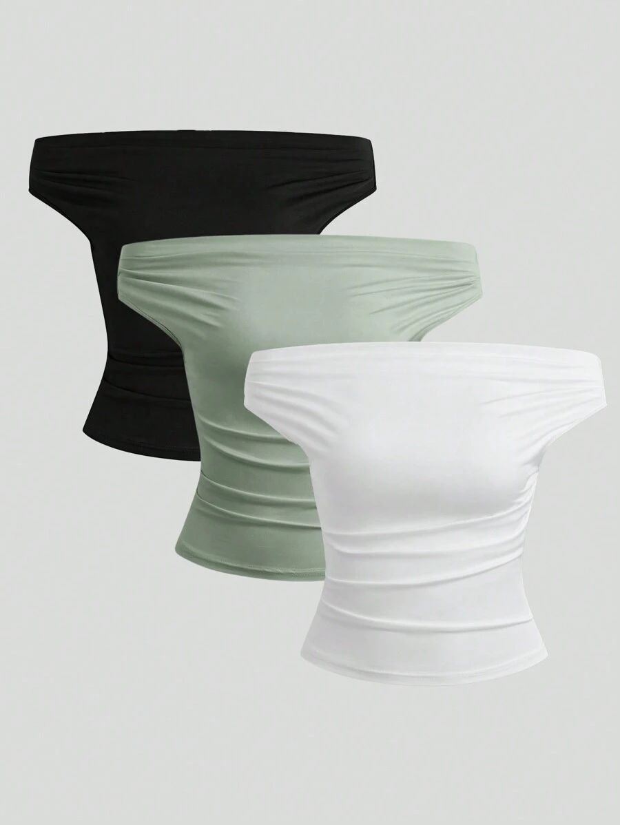 Sweetra 女士纯色褶饰露肩休闲上衣 - 彩色 - 查看 1