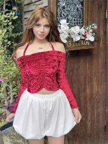 SHEIN Valentine's Day Youth Girls 2pcs Set Off Shoulder Velvet Ruched Long Sleeve Top And Bubble Shorts Casual Sweet Red Outfit