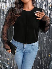SHEIN Clasi Plus Size Lace Patchwork Black Long Sleeve Top