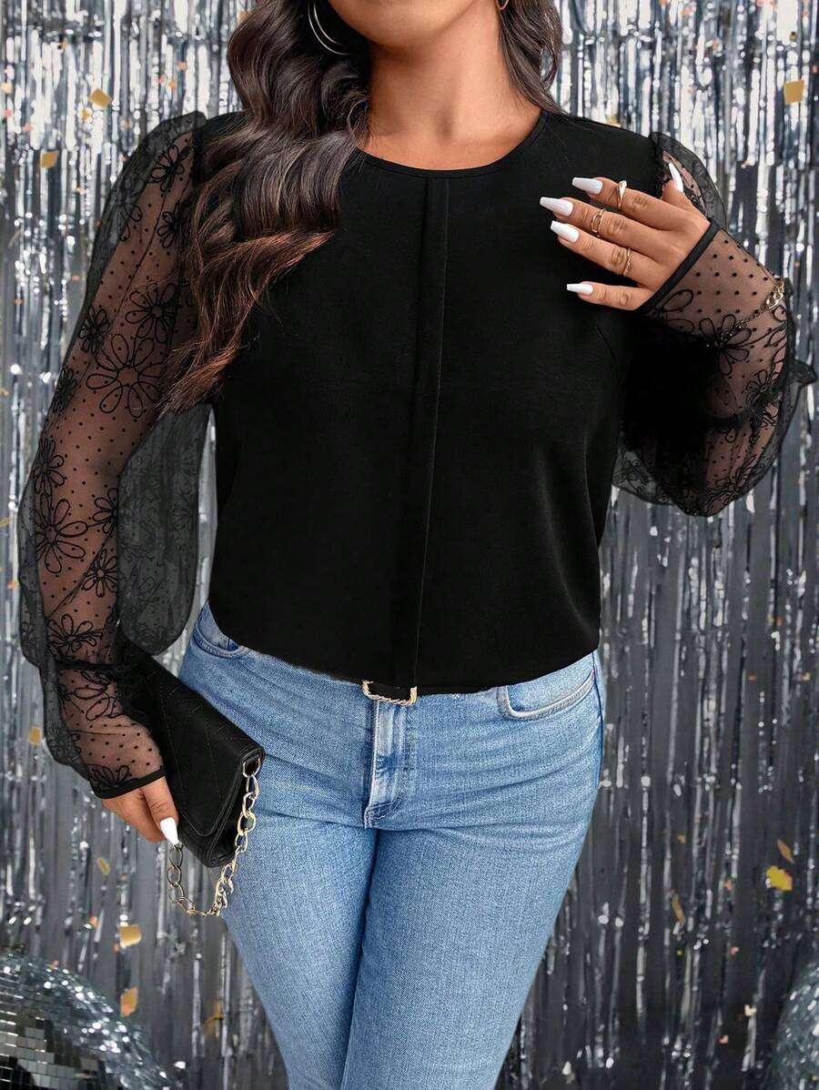 SHEIN Clasi Plus Size Lace Patchwork Black Long Sleeve Top