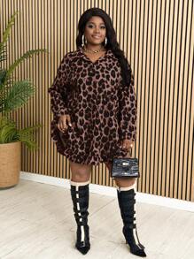 Slaydiva Plus Size Autumn/Winter Leopard Print Ruffled Hemline Asymmetric Long Sleeve Shirt
