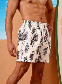 Manfinity Swimmode Men's Lace-Up Front All-Over Print Dual Layer Casual Beach Shorts