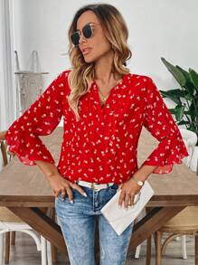 SHEIN Unity Women's Casual Commute Chiffon Printed V-Neck 3/4 Ruffle Sleeve Pullover Blouse - Multicolor - View 5