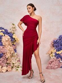SHEIN Belle Elegant And Romantic Red Stretch Knit Fabric One-Shoulder Ruffled Sleeves Gathered Asymmetric Hem Suitable For Wedding Events, Dates, Vacations, Bridesmaid Dresses - Burgundy - View 1