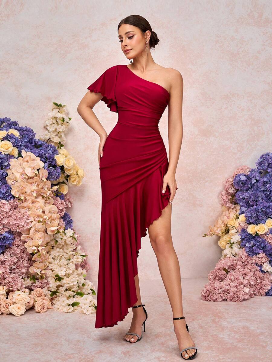 SHEIN Belle Elegant And Romantic Red Stretch Knit Fabric One-Shoulder Ruffled Sleeves Gathered Asymmetric Hem Suitable For Wedding Events, Dates, Vacations, Bridesmaid Dresses - Burgundy - View 1