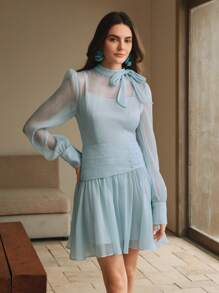 Anewsta Women's Vintage Palace Style Elegant Cinched Waist Simple Midi Dress, Spring Outfits For Women - Blue - View 5