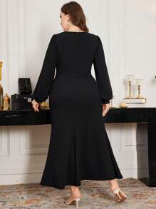 Modelyn Plus Size Maxi Length Knitted Beaded Elegant Bodycon Fishtail Dress - Black - View 2