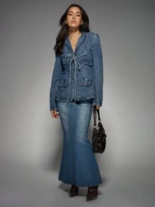 MISSGUIDED Designer Power Shoulder Blazer Style Denim Jacket With Cinched Waist Tie Front Detail Vintage Inspired Fashion Statement Piece Casual Chic Outerwear - Light Wash - View 3