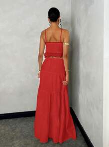 SHEIN BAE 女士夏季假期浪漫约会休闲蕾丝吊带背心上衣 + 低腰褶皱 A 字长裙套装，白色亚麻面料 - 紅色 - 查看 2