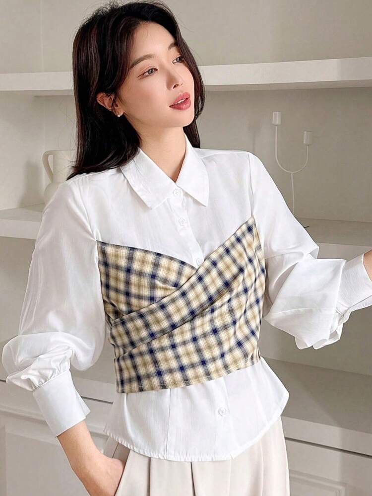 Women Elegant Plaid Print 2 In 1 Fitted Shirt, Spring/Summer Long Sleeve Top