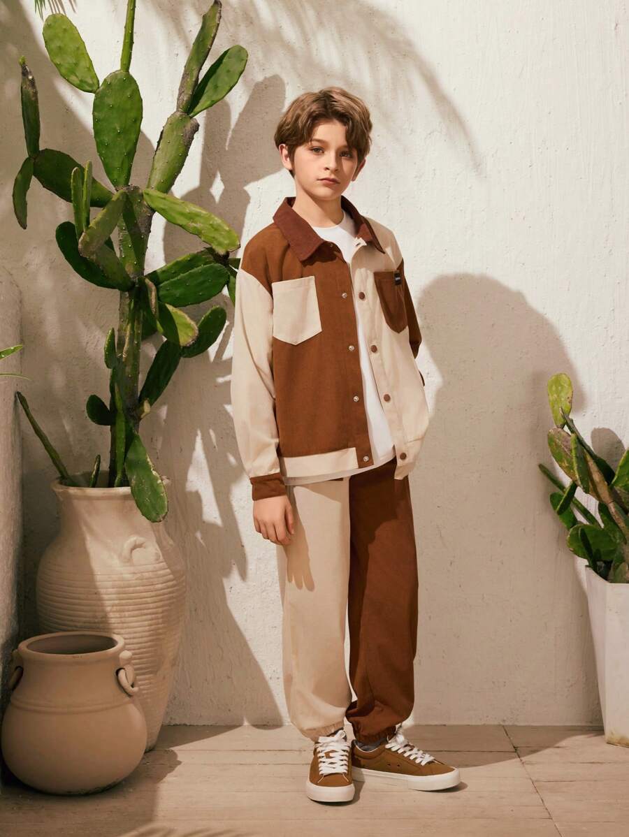 SHEIN Boys 2pcs Beige Autumn Streetwear Set,Corduroy Collar Contrasting Splicing Long-Sleeve Shirt & Long Pants For School,Outdoor Play,Urban Casual Style - Yellow - View 1