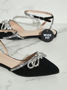 SHUZIA Zapatos planos negros de tira de tobillo y punta puntiaguda con detalles de lazo y rhinestones para mujer de ancho esencial - Calzado de primavera con correa trasera, elegante, cómodo y con estilo