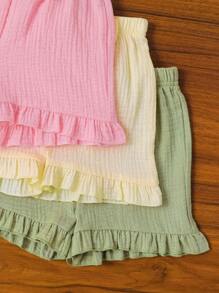 3-Piece Baby Girl Spring/Summer Outdoor Casual Set: Double-Layer Chiffon Pants With Bow Ruffles, Matching Outfit - Multicolor - View 3