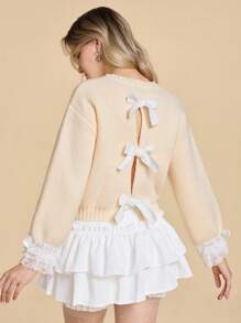 ROMWE Kawaii Suéter de mujer acogedor y lindo con lazo de mariposa y detalles de encaje en contraste