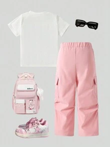 SHEIN Kleine Mädchen Set aus kurzärmligem Hemd und Cargohose mit Auto-Print - Weiss - Übersicht 2