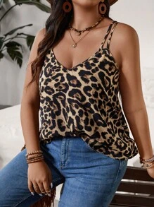 SHEIN VCAY Plus Size Leopard Print Double Strap Vacation Tank Top Autumn Winter Fashion New Arrival, French Style Women Top, Fashionable, Bell Sleeves, Party, Back To School, American Long Shirt, Stylish, Front Tie, Teacher, Old Money Style, Commute, Minimalism, Office Wear, Retro, Simple, Solid Color Shirt, Autumn Top, Vintage, Leopard Print, Animal Print, Teacher Top, V-Neck, Ladies Casual Top, Suitable For Outerwear