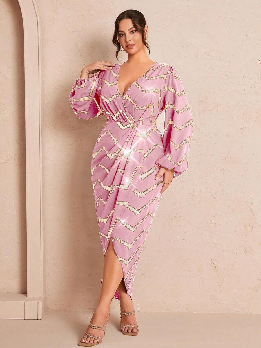 SHEIN Unity Plus Size V-Neck Long Sleeve Striped Pleated Minimalist Casual Dress, Suitable For Vacation Fall Cloth For Women