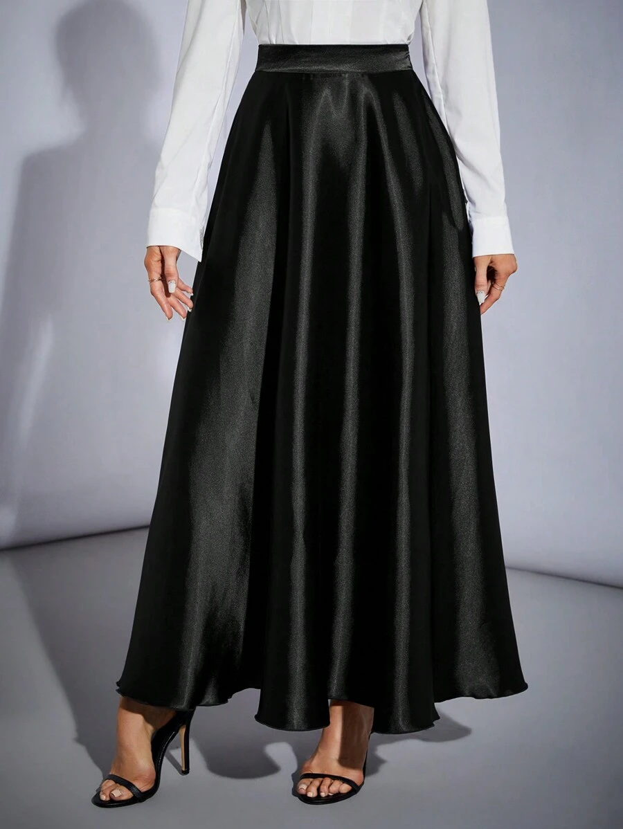 SHEIN Tall High Waisted Solid Color Flare Party Women's Oversized Hem Skirt - Black - View 1