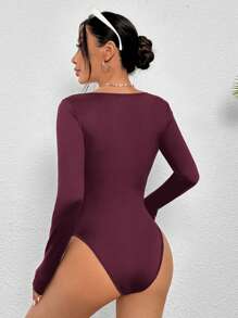 SHEIN PETITE Square Neck Slim Fit Long Sleeves Tee Bodysuit - Rose Red - View 2