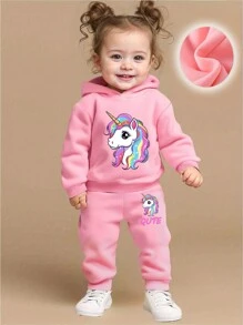 GraphicGems 2 件套女婴时尚独角兽和字母印花休闲保暖连帽衫和裤子套装，秋冬 - 粉色 - 查看 2