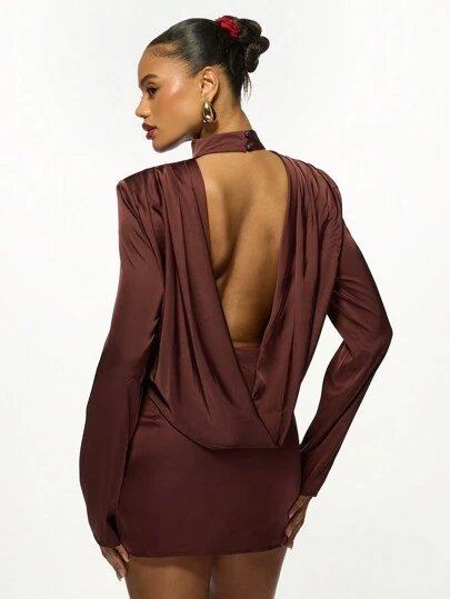 Missguided Luxurious Satin Long Sleeve Mini Dress Backless Turtleneck Party Evening Wedding Guest Holiday Nye Elegant Bodycon Dress,S