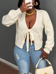 BamGleam 女士纯色前系带长袖衬衫，简约休闲日常穿着 - 杏色 - 查看 6