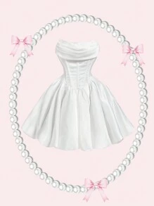 SHEIN MOD Vestido negro con escote bandeau, dobladillo con diseño de flores en forma de nube