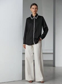 Aveloria Modichic High-End Commuter Minimalist Colorblock Shell Trim Satin Lapel Collar Long Sleeve Blouse For Women Fall Cloth For Women - Black - View 2