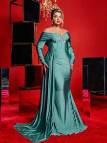 SHEIN X Izzy Darnell Glamrae Plus Size Szaro-zielona Elegancka luksusowa sukienka z odkrytymi ramionami z kryształkami i falbaniastym ogonem syreny wieczorowa sukienka