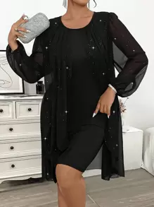 大码女式优雅休闲网眼长袖连衣裙 - 黑色 - 查看 1