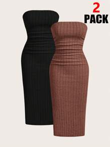 SHEIN EZwear 2pcs/Set Velvet Ribbed Bandeau Dress - Brown - View 2