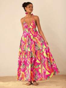 Travachic Woven Print Spaghetti Strap Split Dress For Women - Hot Pink - View 5