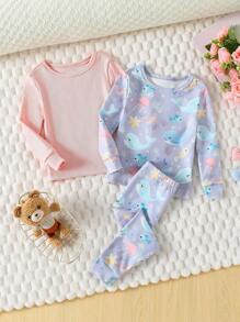 SHEIN Conjunto de pijama de 3 piezas para bebé niña, incluye blusa de manga larga con estampado de delfín y rayas + pantalón legging con estampado de delfín, ajuste ceñido - Multicolor - Ver 1